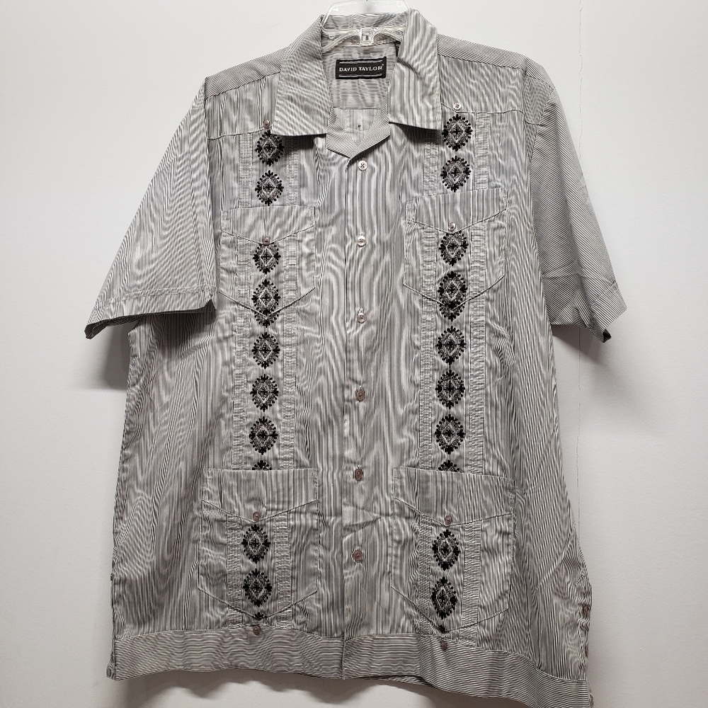 David Taylor Button Up SL Shirt Large Striped Pockets Embroidered Details 90s